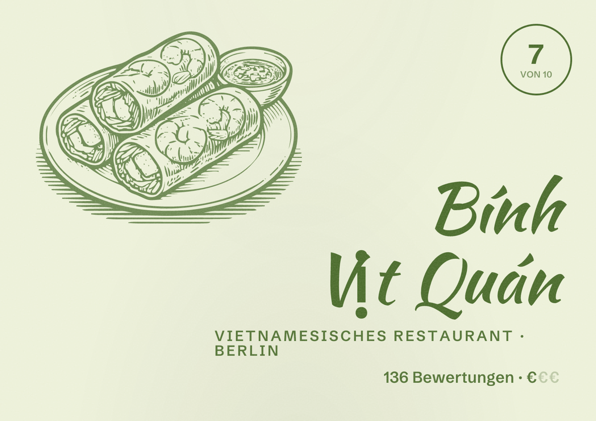 Illustriertes Poster von Bính Vịt Quán, Vietnamesisches Restaurant in Berlin: Bewertung 7,0 von 10 aus 136 Bewertungen, Preisniveau €
