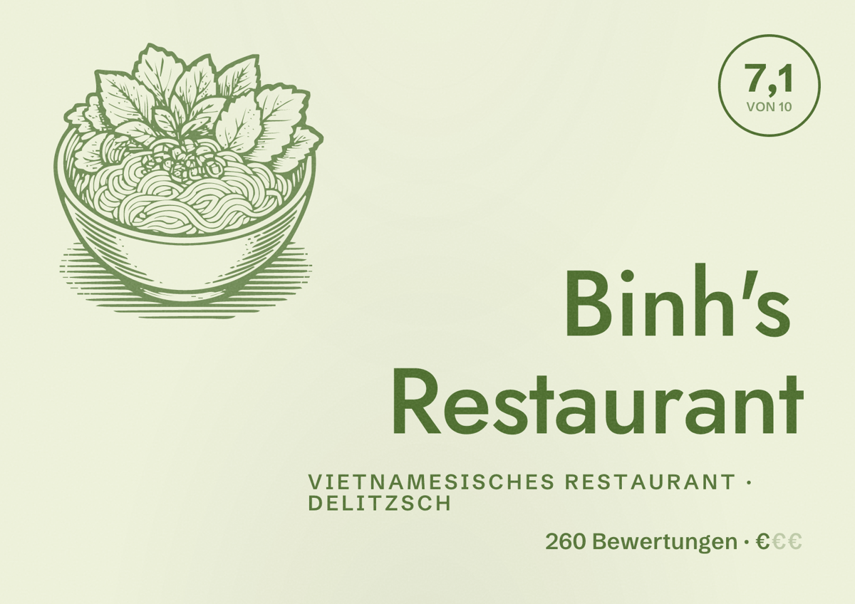 Illustriertes Poster von Binh's Restaurant, Vietnamesisches Restaurant in Delitzsch: Bewertung 7,1 von 10 aus 260 Bewertungen, Preisniveau €