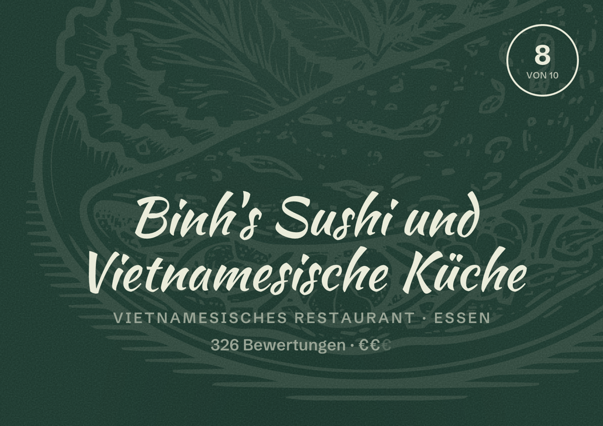 Illustriertes Poster von Binh's Sushi und Vietnamesische Küche, Vietnamesisches Restaurant in Essen: Bewertung 8 von 10 aus 326 Bewertungen, Preisniveau €€