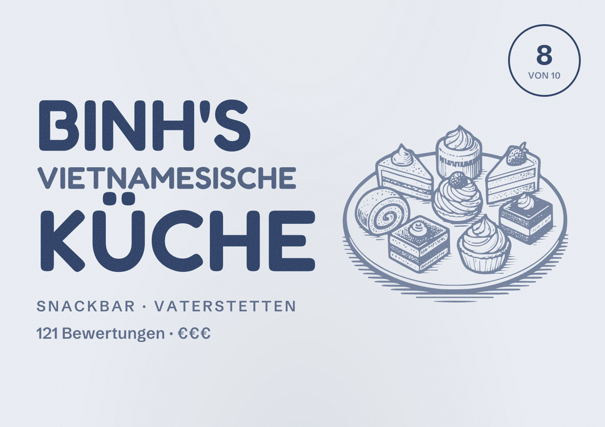 Illustriertes Poster von Binh's Vietnamesische Küche, Snackbar in Vaterstetten: Bewertung 8 von 10 aus 121 Bewertungen, Preisniveau €€€