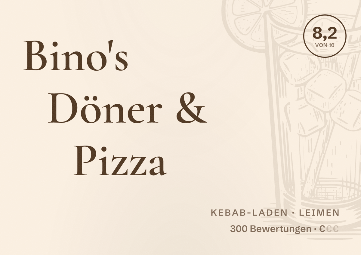 Illustriertes Poster von Bino's Döner & Pizza, Kebab-Laden in Leimen: Bewertung 8,2 von 10 aus 300 Bewertungen, Preisniveau €