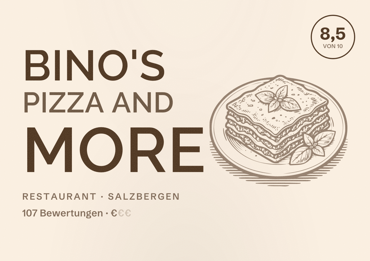 Illustriertes Poster von Bino's Pizza and More, Restaurant in Salzbergen: Bewertung 8,5 von 10 aus 107 Bewertungen, Preisniveau €