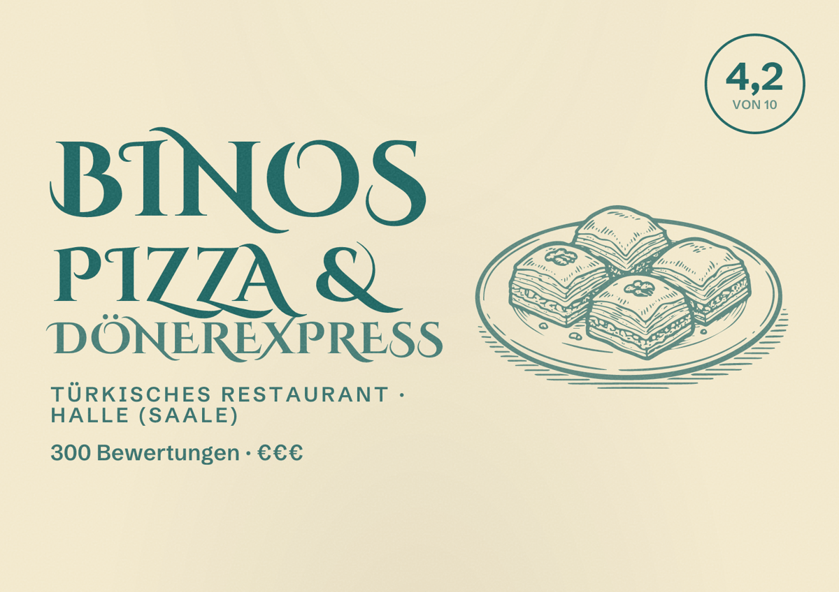 Illustriertes Poster von Binos Pizza & Dönerexpress, Türkisches Restaurant in Halle (Saale): Bewertung 4,2 von 10 aus 300 Bewertungen, Preisniveau €€€