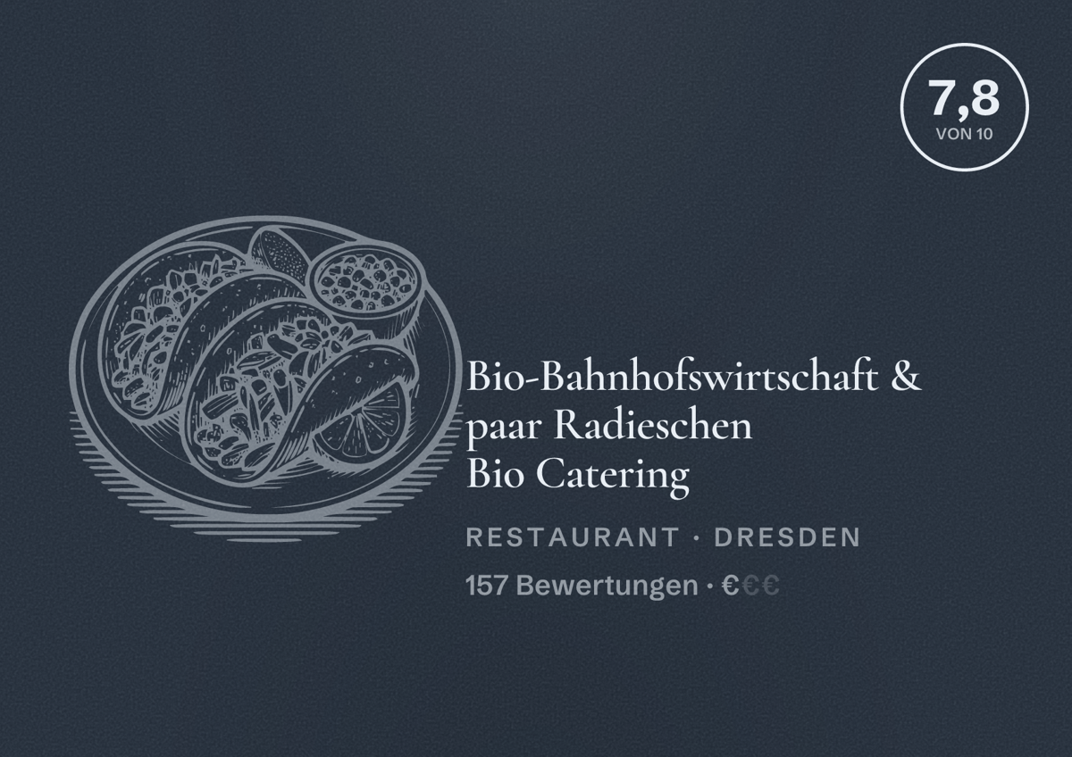 Illustriertes Poster von Bio-Bahnhofswirtschaft & paar Radieschen Bio Catering, Restaurant in Dresden: Bewertung 7,8 von 10 aus 157 Bewertungen, Preisniveau €