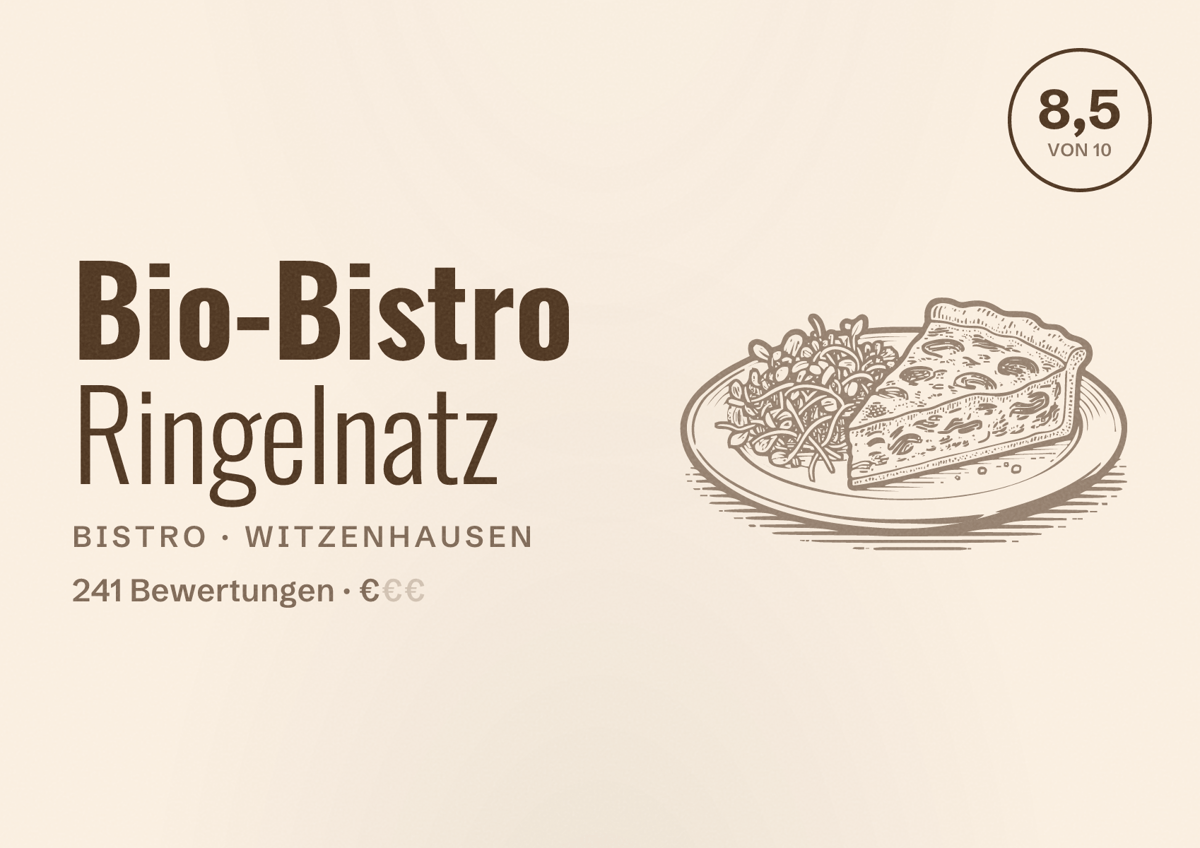 Illustriertes Poster von Bio-Bistro Ringelnatz, Bistro in Witzenhausen: Bewertung 8,5 von 10 aus 241 Bewertungen, Preisniveau €