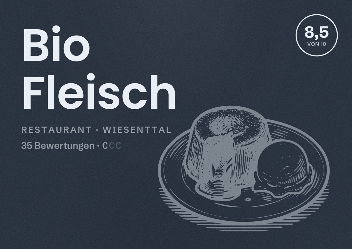 Illustriertes Poster von Bio Fleisch, Restaurant in Wiesenttal: Bewertung 8,5 von 10 aus 35 Bewertungen, Preisniveau €