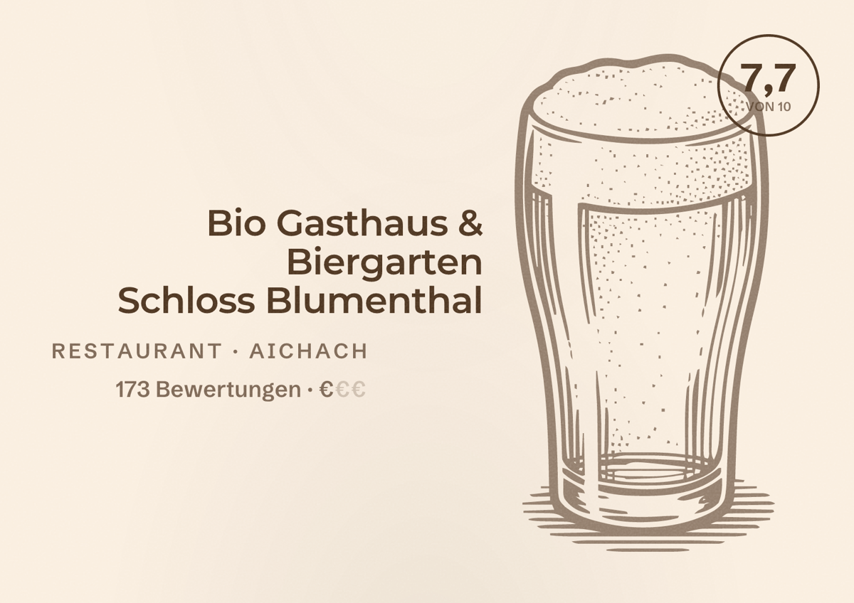 Illustriertes Poster von Bio Gasthaus & Biergarten Schloss Blumenthal, Restaurant in Aichach: Bewertung 7,7 von 10 aus 173 Bewertungen, Preisniveau €