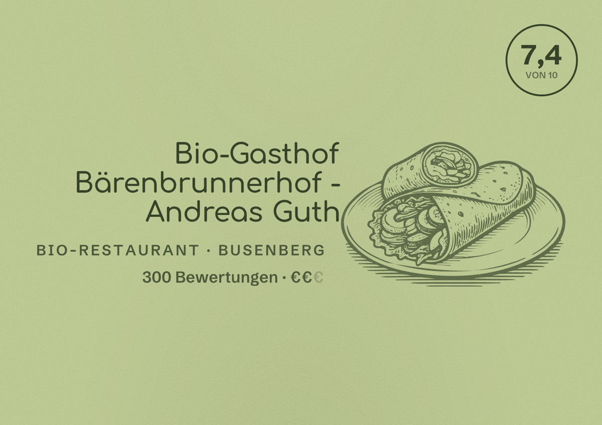 Illustriertes Poster von Bio-Gasthof Bärenbrunnerhof - Andreas Guth, Bio-Restaurant in Busenberg: Bewertung 7,4 von 10 aus 300 Bewertungen, Preisniveau €€