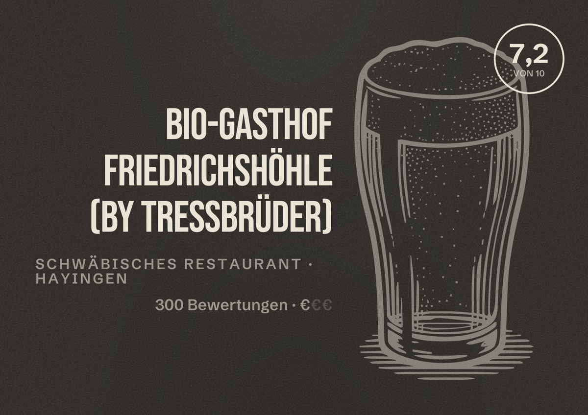 Illustriertes Poster von Bio-Gasthof Friedrichshöhle (by TressBrüder), Schwäbisches Restaurant in Hayingen: Bewertung 7,2 von 10 aus 300 Bewertungen, Preisniveau €