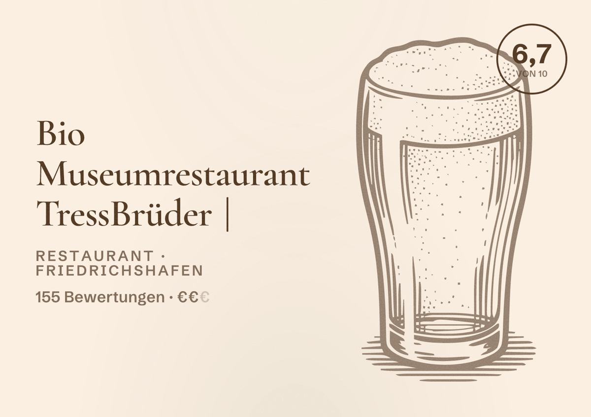 Illustriertes Poster von Bio Museumrestaurant TressBrüder |, Restaurant in Friedrichshafen: Bewertung 6,7 von 10 aus 155 Bewertungen, Preisniveau €€