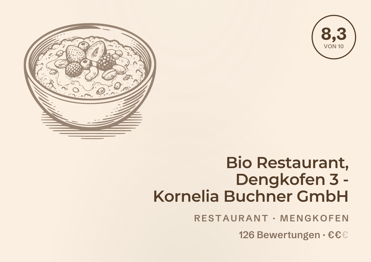 Illustriertes Poster von Bio Restaurant, Dengkofen 3 - Kornelia Buchner GmbH, Restaurant in Mengkofen: Bewertung 8,3 von 10 aus 126 Bewertungen, Preisniveau €€
