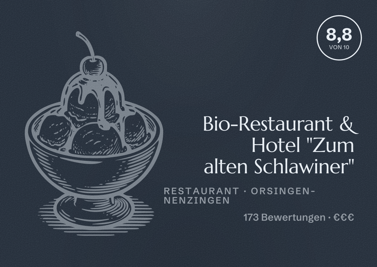 Illustriertes Poster von Bio-Restaurant & Hotel "Zum alten Schlawiner", Restaurant in Orsingen-Nenzingen: Bewertung 8,8 von 10 aus 173 Bewertungen, Preisniveau €€€