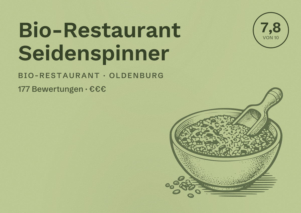 Illustriertes Poster von Bio-Restaurant Seidenspinner, Bio-Restaurant in Oldenburg: Bewertung 7,8 von 10 aus 177 Bewertungen, Preisniveau €€€