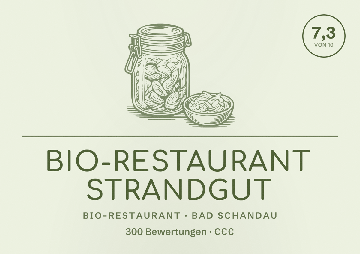 Illustriertes Poster von Bio-Restaurant StrandGut, Bio-Restaurant in Bad Schandau: Bewertung 7,3 von 10 aus 300 Bewertungen, Preisniveau €€€