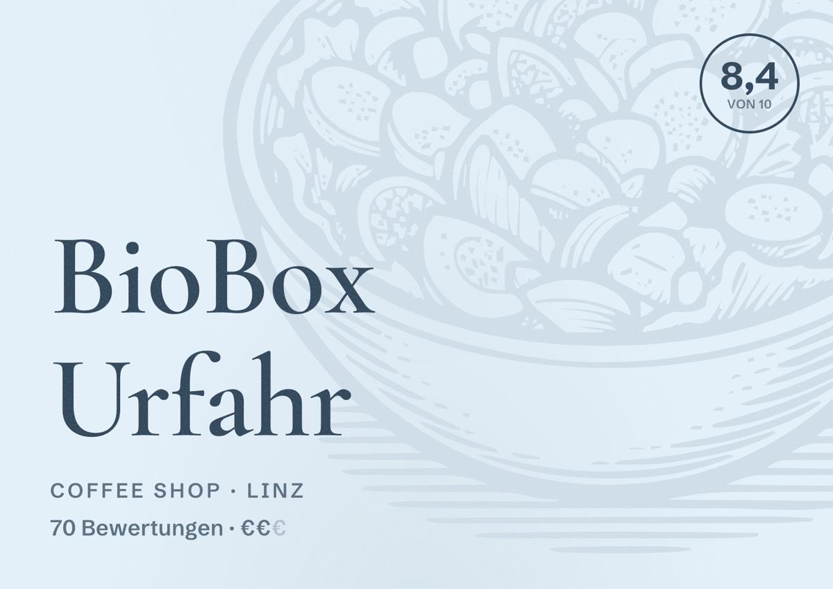 Illustriertes Poster von BioBox Urfahr, Coffee Shop in Linz: Bewertung 8,4 von 10 aus 70 Bewertungen, Preisniveau €€