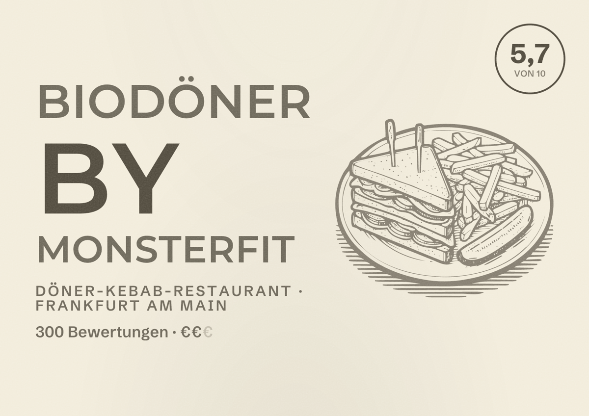Illustriertes Poster von BioDöner by MonsterFit, Döner-Kebab-Restaurant in Frankfurt am Main: Bewertung 5,7 von 10 aus 300 Bewertungen, Preisniveau €€
