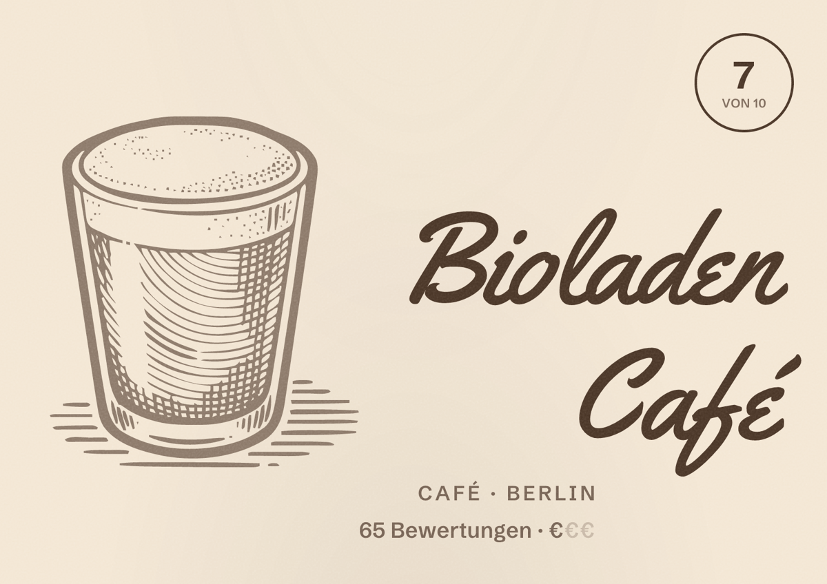 Illustriertes Poster von Bioladen Café, Café in Berlin: Bewertung 7,0 von 10 aus 65 Bewertungen, Preisniveau €