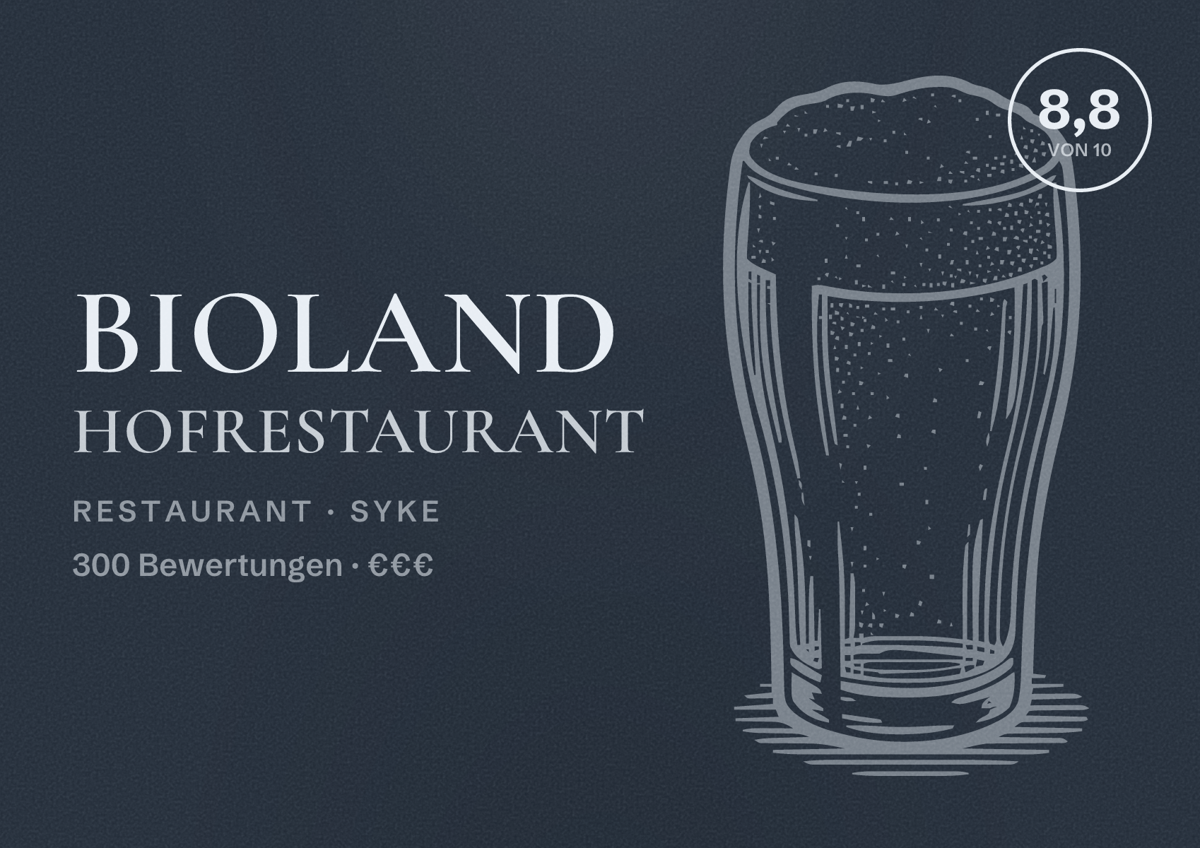 Illustriertes Poster von Bioland Hofrestaurant, Restaurant in Syke: Bewertung 8,8 von 10 aus 300 Bewertungen, Preisniveau €€€