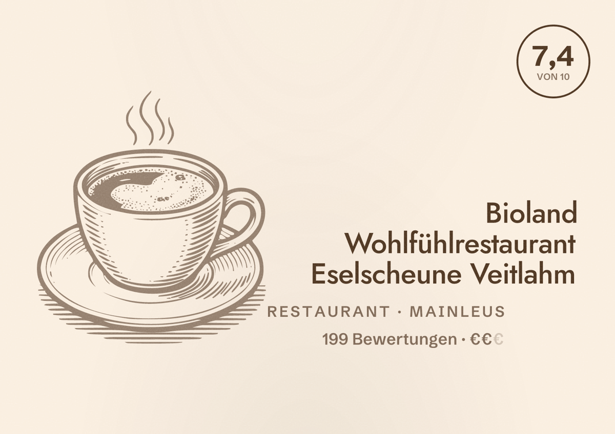 Illustriertes Poster von Bioland Wohlfühlrestaurant Eselscheune Veitlahm, Restaurant in Mainleus: Bewertung 7,4 von 10 aus 199 Bewertungen, Preisniveau €€