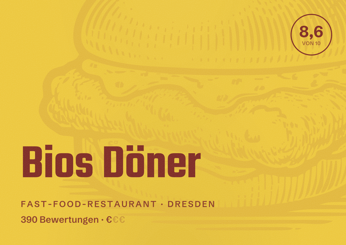 Illustriertes Poster von Bios Döner, Fast-Food-Restaurant in Dresden: Bewertung 8,6 von 10 aus 390 Bewertungen, Preisniveau €