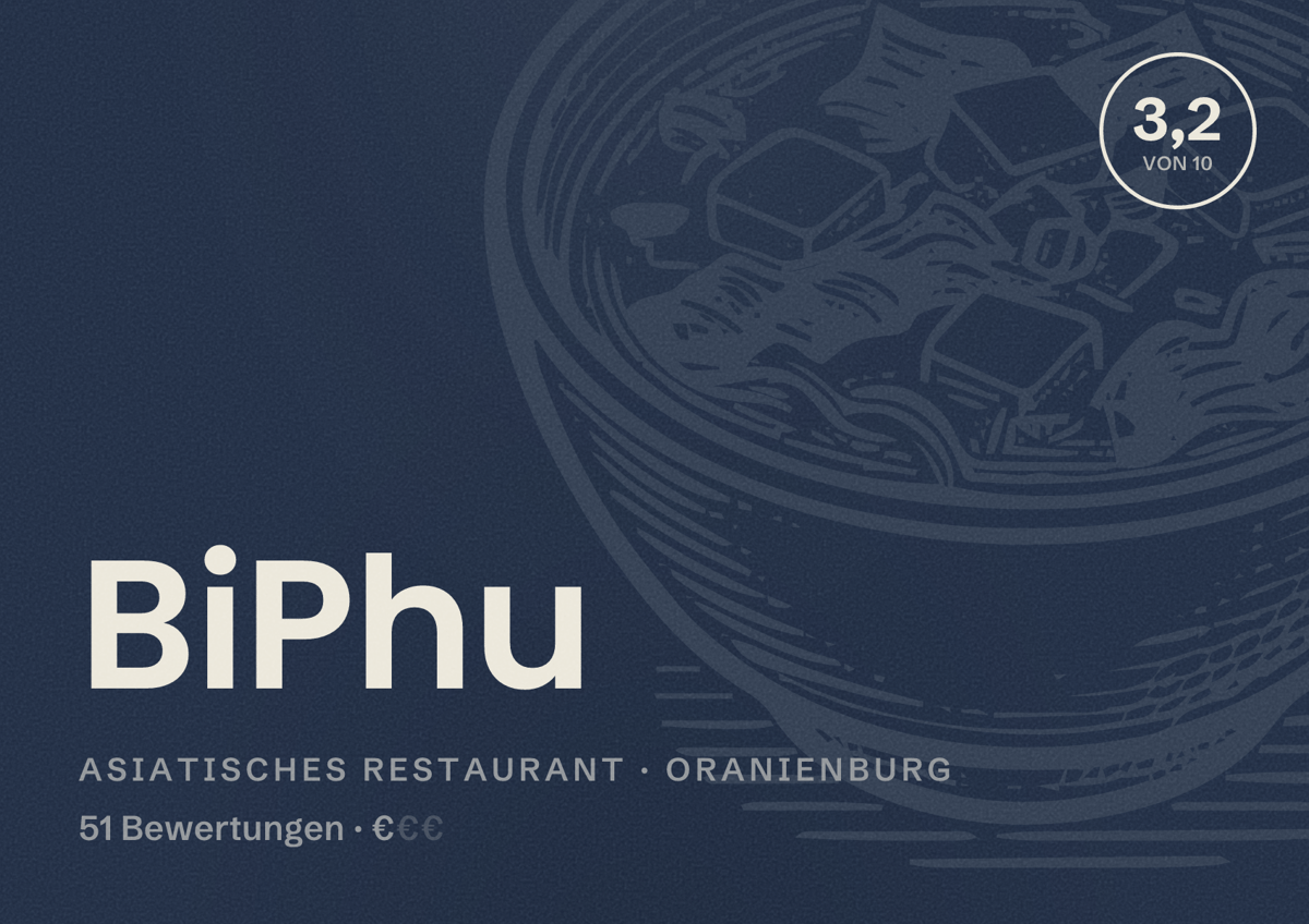 Illustriertes Poster von BiPhu, Asiatisches Restaurant in Oranienburg: Bewertung 3,2 von 10 aus 51 Bewertungen, Preisniveau €