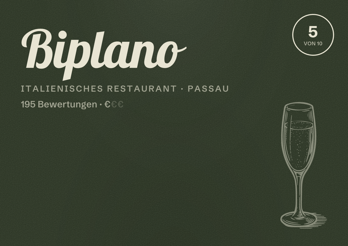 Illustriertes Poster von Biplano, Italienisches Restaurant in Passau: Bewertung 5 von 10 aus 195 Bewertungen, Preisniveau €
