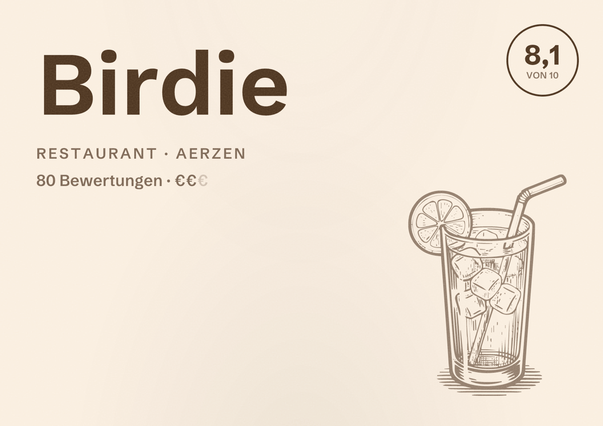 Illustriertes Poster von Birdie, Restaurant in Aerzen: Bewertung 8,1 von 10 aus 80 Bewertungen, Preisniveau €€