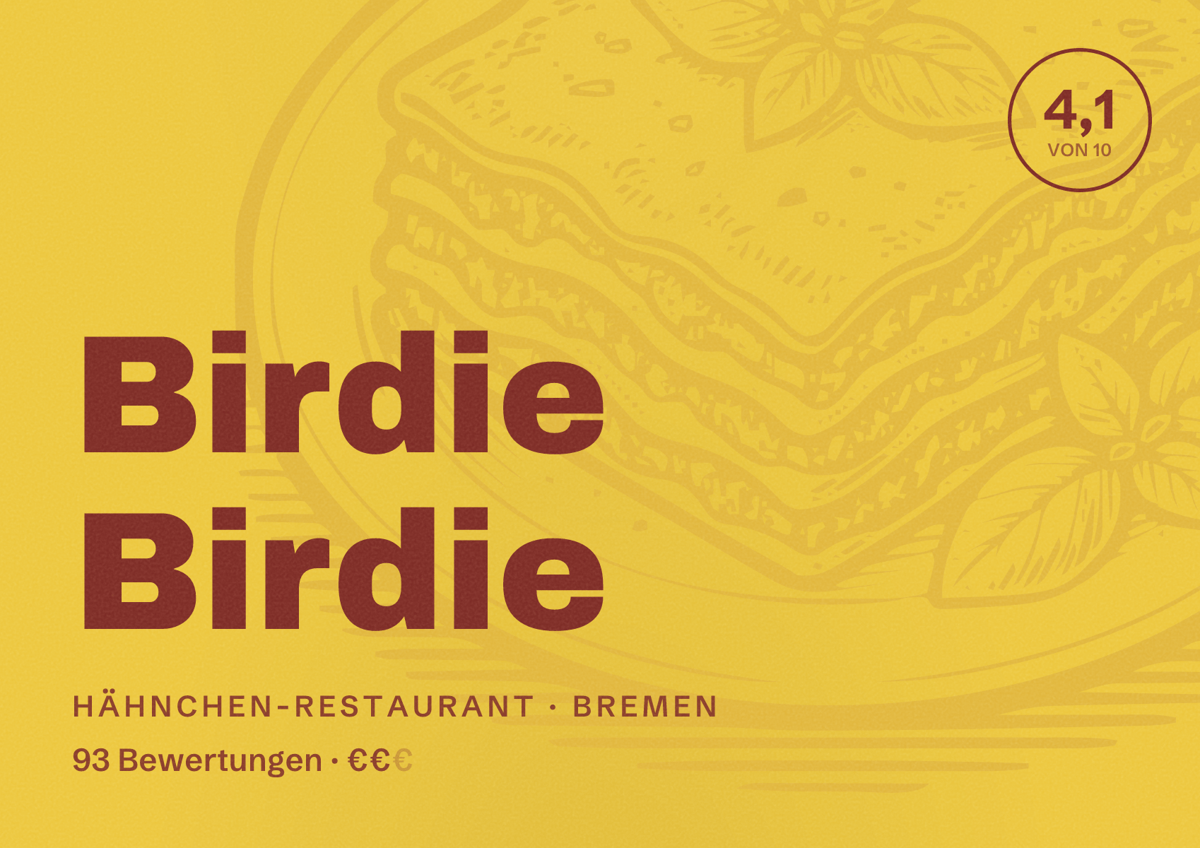 Illustriertes Poster von Birdie Birdie, Hähnchen-Restaurant in Bremen: Bewertung 4,1 von 10 aus 93 Bewertungen, Preisniveau €€