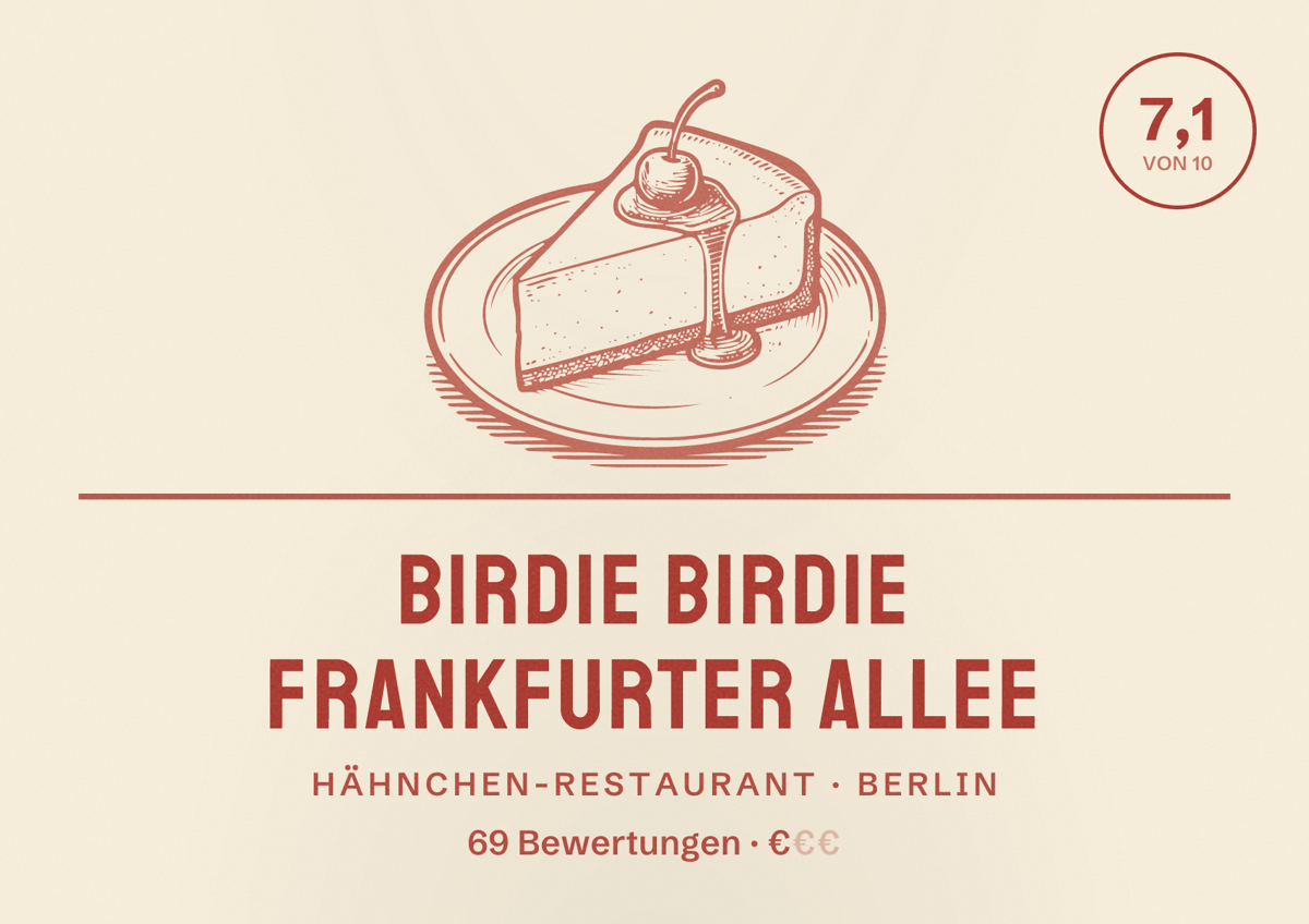 Illustriertes Poster von Birdie Birdie Frankfurter Allee, Hähnchen-Restaurant in Berlin: Bewertung 7,1 von 10 aus 69 Bewertungen, Preisniveau €