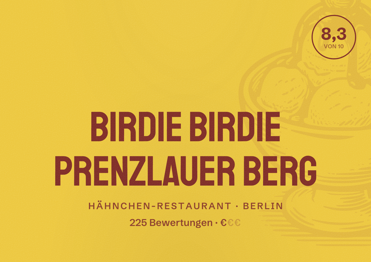 Illustriertes Poster von Birdie Birdie Prenzlauer Berg, Hähnchen-Restaurant in Berlin: Bewertung 8,3 von 10 aus 225 Bewertungen, Preisniveau €
