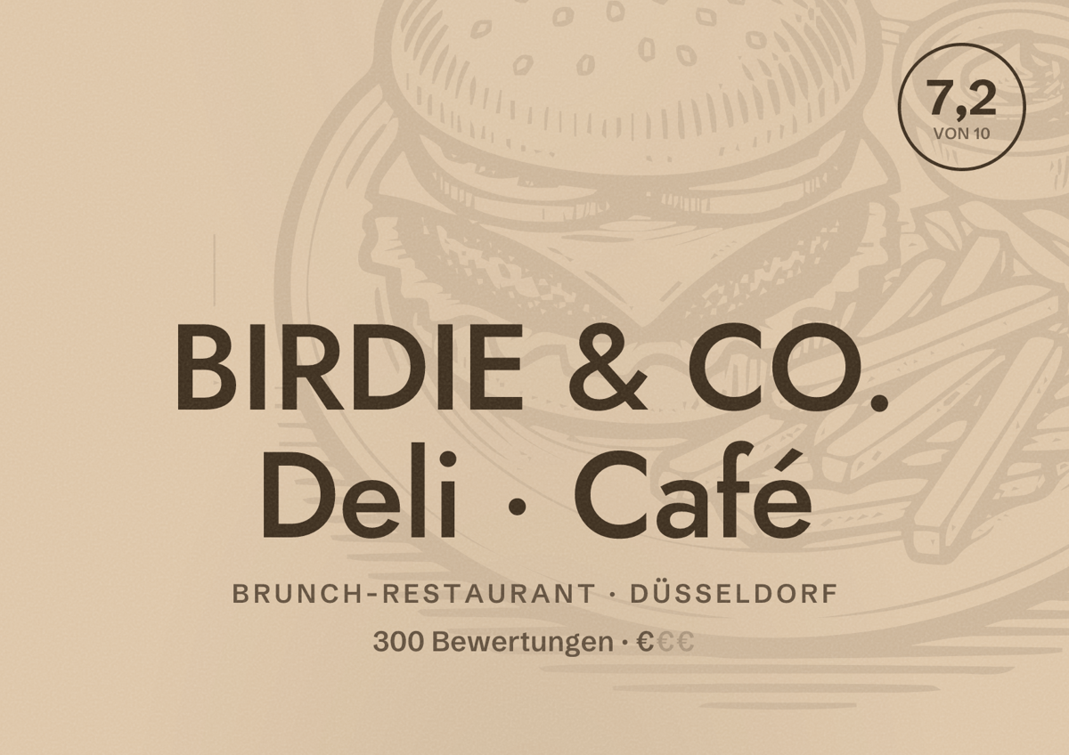 Illustriertes Poster von BIRDIE & CO. Deli · Café, Brunch-Restaurant in Düsseldorf: Bewertung 7,2 von 10 aus 300 Bewertungen, Preisniveau €