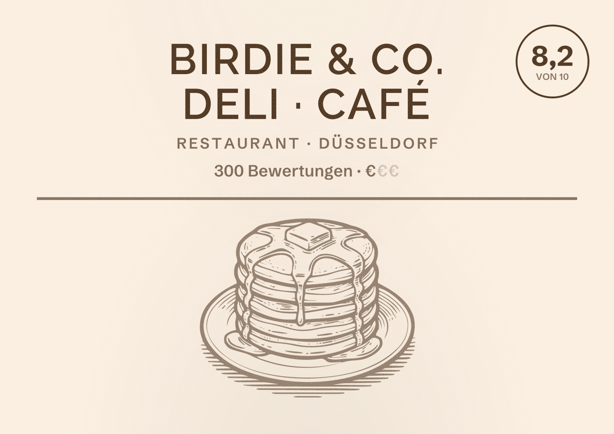 Illustriertes Poster von BIRDIE & CO. Deli · Café, Restaurant in Düsseldorf: Bewertung 8,2 von 10 aus 300 Bewertungen, Preisniveau €