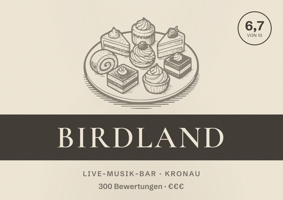 Illustriertes Poster von Birdland, Live-Musik-Bar in Kronau: Bewertung 6,7 von 10 aus 300 Bewertungen, Preisniveau €€€