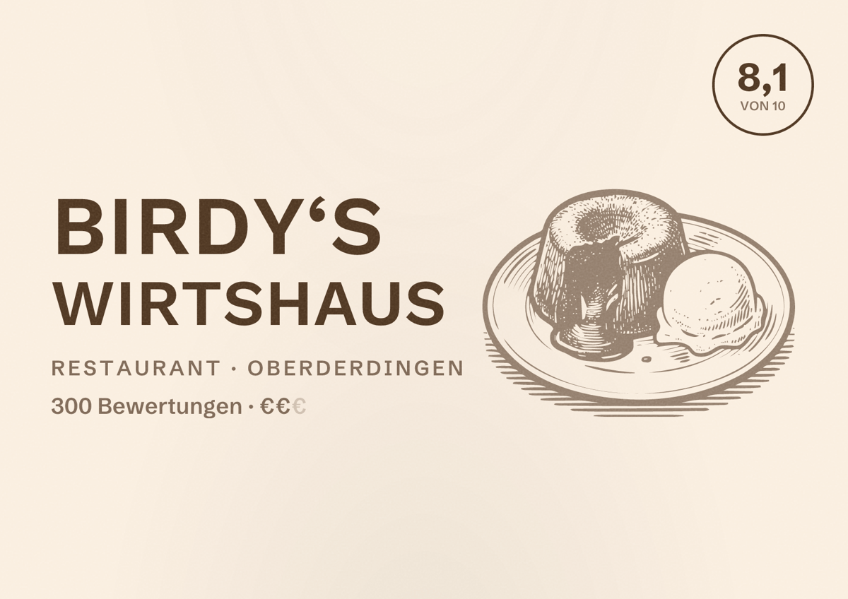 Illustriertes Poster von Birdy‘s Wirtshaus, Restaurant in Oberderdingen: Bewertung 8,1 von 10 aus 300 Bewertungen, Preisniveau €€