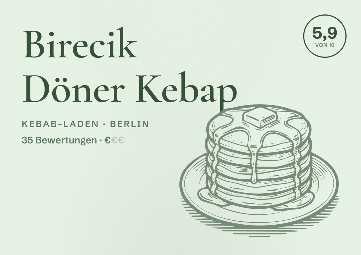Illustriertes Poster von Birecik Döner Kebap, Kebab-Laden in Berlin: Bewertung 5,9 von 10 aus 35 Bewertungen, Preisniveau €