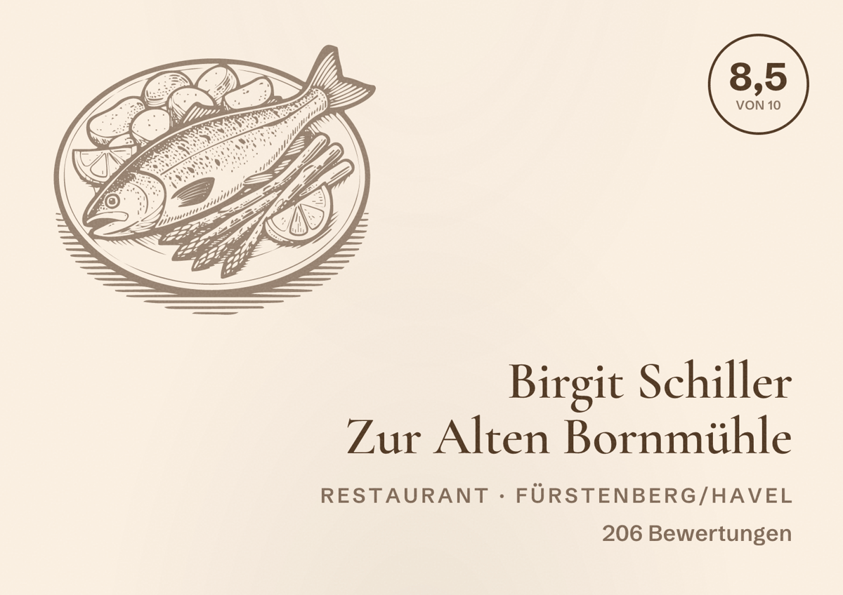 Illustriertes Poster von Birgit Schiller Zur Alten Bornmühle, Restaurant in Fürstenberg/Havel: Bewertung 8,5 von 10 aus 206 Bewertungen