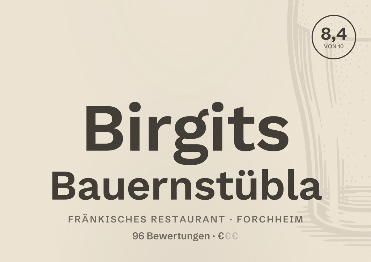 Illustriertes Poster von Birgits Bauernstübla, Fränkisches Restaurant in Forchheim: Bewertung 8,4 von 10 aus 96 Bewertungen, Preisniveau €