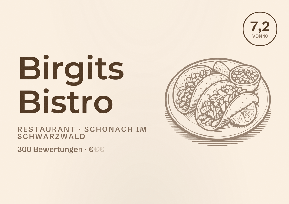 Illustriertes Poster von Birgits Bistro, Restaurant in Schonach im Schwarzwald: Bewertung 7,2 von 10 aus 300 Bewertungen, Preisniveau €