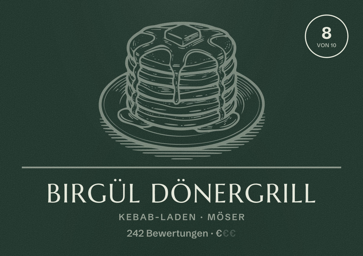Illustriertes Poster von Birgül Dönergrill, Kebab-Laden in Möser: Bewertung 8 von 10 aus 242 Bewertungen, Preisniveau €