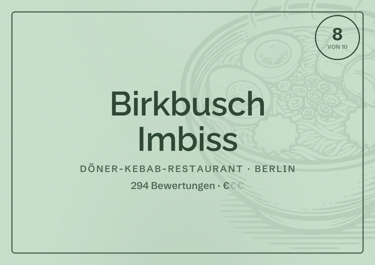 Illustriertes Poster von Birkbusch Imbiss, Döner-Kebab-Restaurant in Berlin: Bewertung 8,0 von 10 aus 294 Bewertungen, Preisniveau €