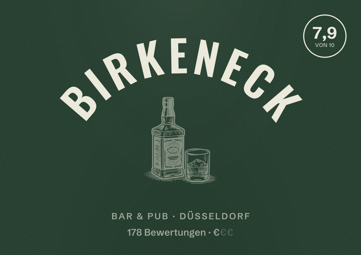 Illustriertes Poster von Birkeneck, Bar & Pub in Düsseldorf: Bewertung 7,9 von 10 aus 178 Bewertungen, Preisniveau €