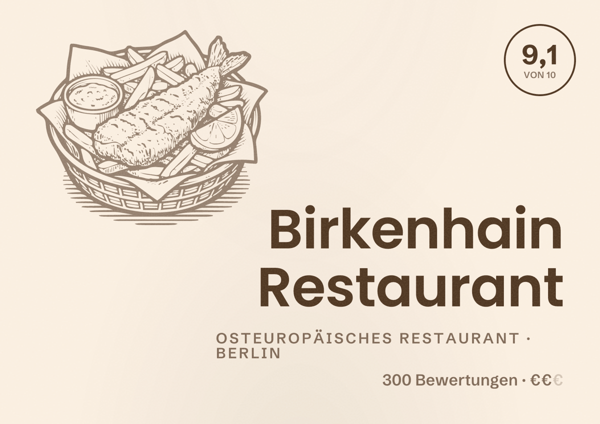 Illustriertes Poster von Birkenhain Restaurant, Osteuropäisches Restaurant in Berlin: Bewertung 9,1 von 10 aus 300 Bewertungen, Preisniveau €€