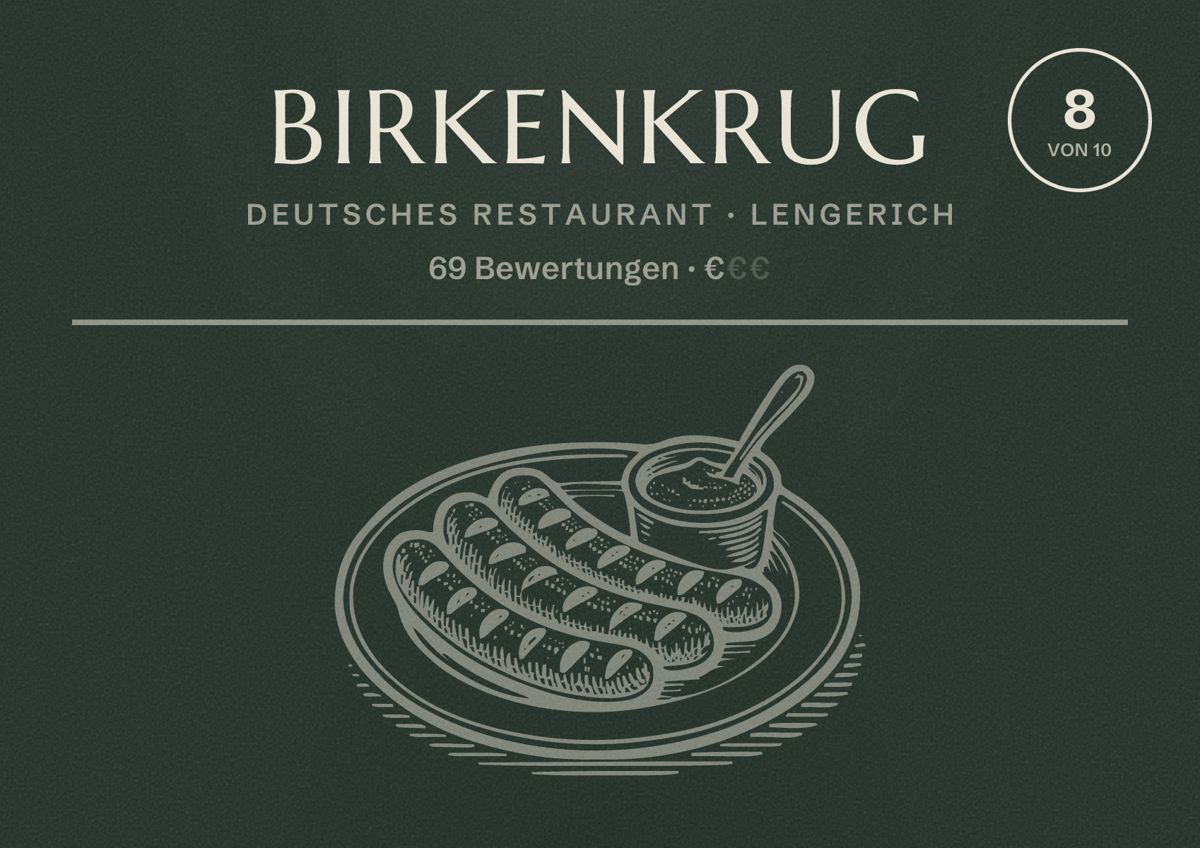 Illustriertes Poster von Birkenkrug, Deutsches Restaurant in Lengerich: Bewertung 8 von 10 aus 69 Bewertungen, Preisniveau €