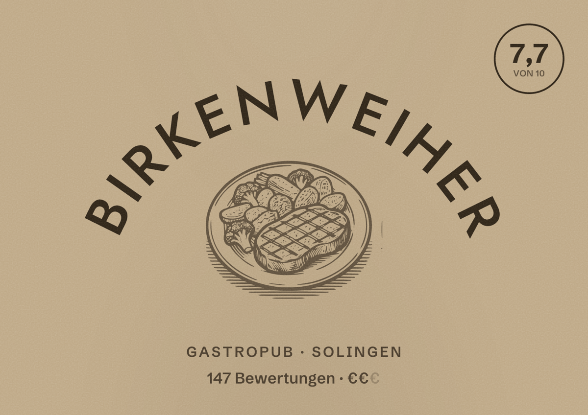 Illustriertes Poster von Birkenweiher, Gastropub in Solingen: Bewertung 7,7 von 10 aus 147 Bewertungen, Preisniveau €€
