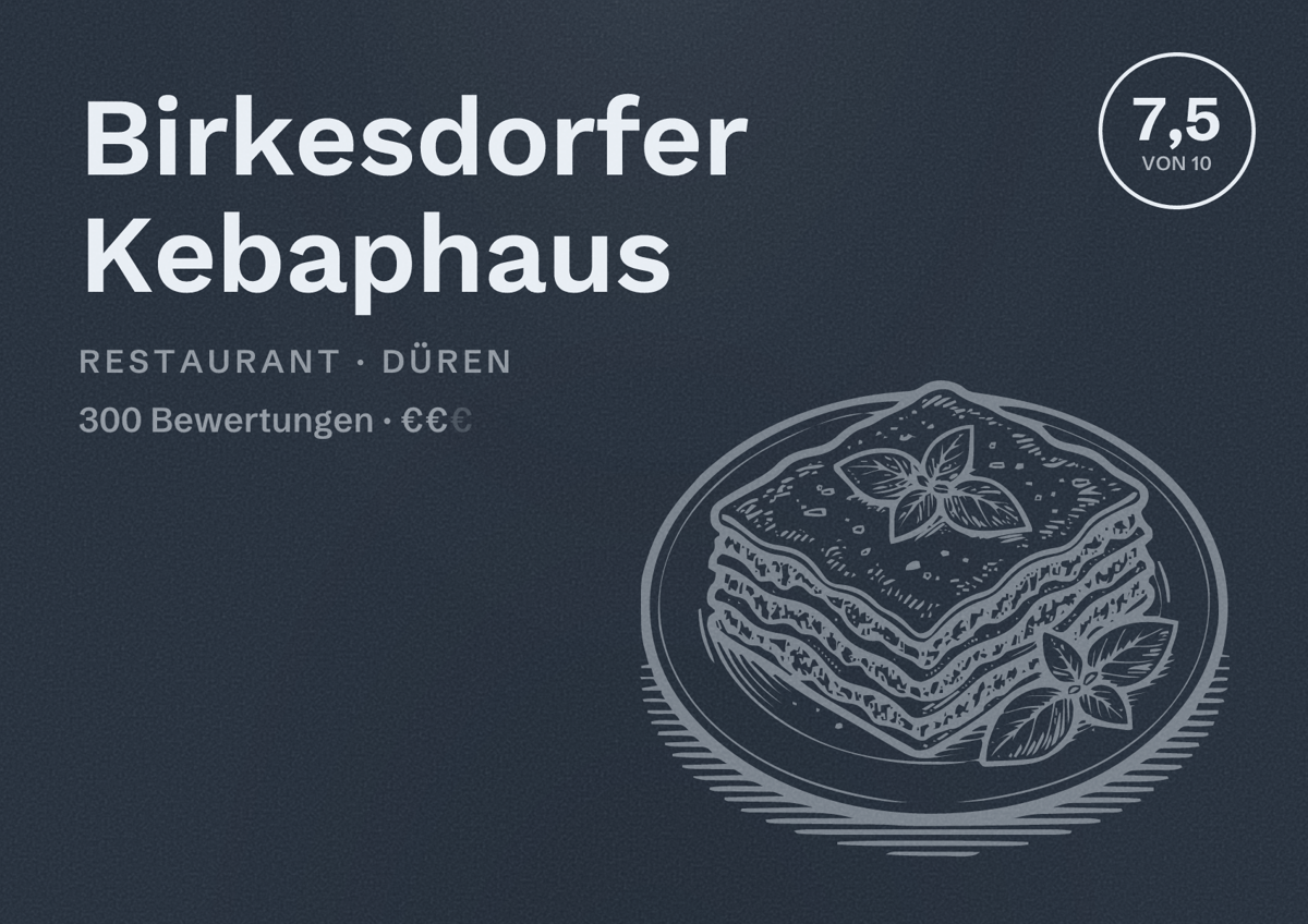 Illustriertes Poster von Birkesdorfer Kebaphaus, Restaurant in Düren: Bewertung 7,5 von 10 aus 300 Bewertungen, Preisniveau €€