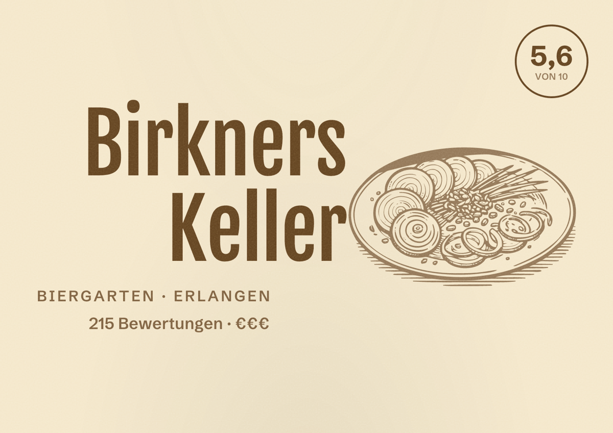 Illustriertes Poster von Birkners Keller, Biergarten in Erlangen: Bewertung 5,6 von 10 aus 215 Bewertungen, Preisniveau €€€