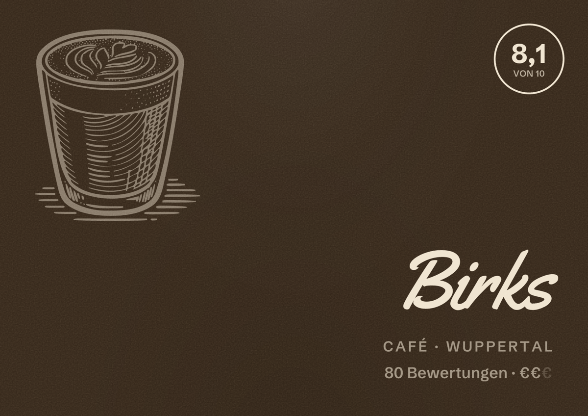 Illustriertes Poster von Birks, Café in Wuppertal: Bewertung 8,1 von 10 aus 80 Bewertungen, Preisniveau €€
