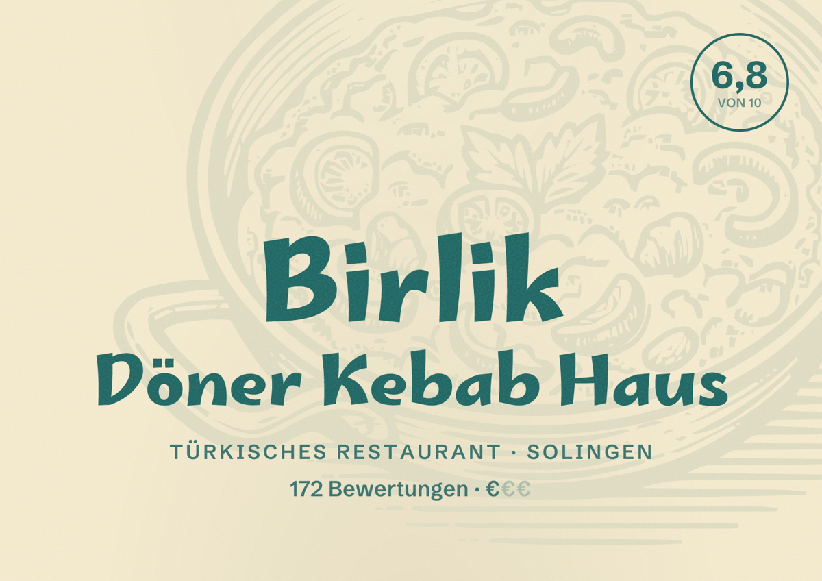Illustriertes Poster von Birlik Döner Kebab Haus, Türkisches Restaurant in Solingen: Bewertung 6,8 von 10 aus 172 Bewertungen, Preisniveau €