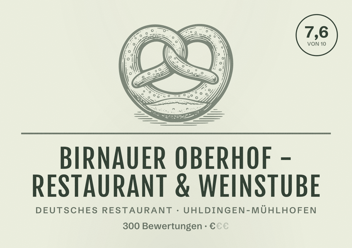 Illustriertes Poster von Birnauer Oberhof - Restaurant & Weinstube, Deutsches Restaurant in Uhldingen-Mühlhofen: Bewertung 7,6 von 10 aus 300 Bewertungen, Preisniveau €