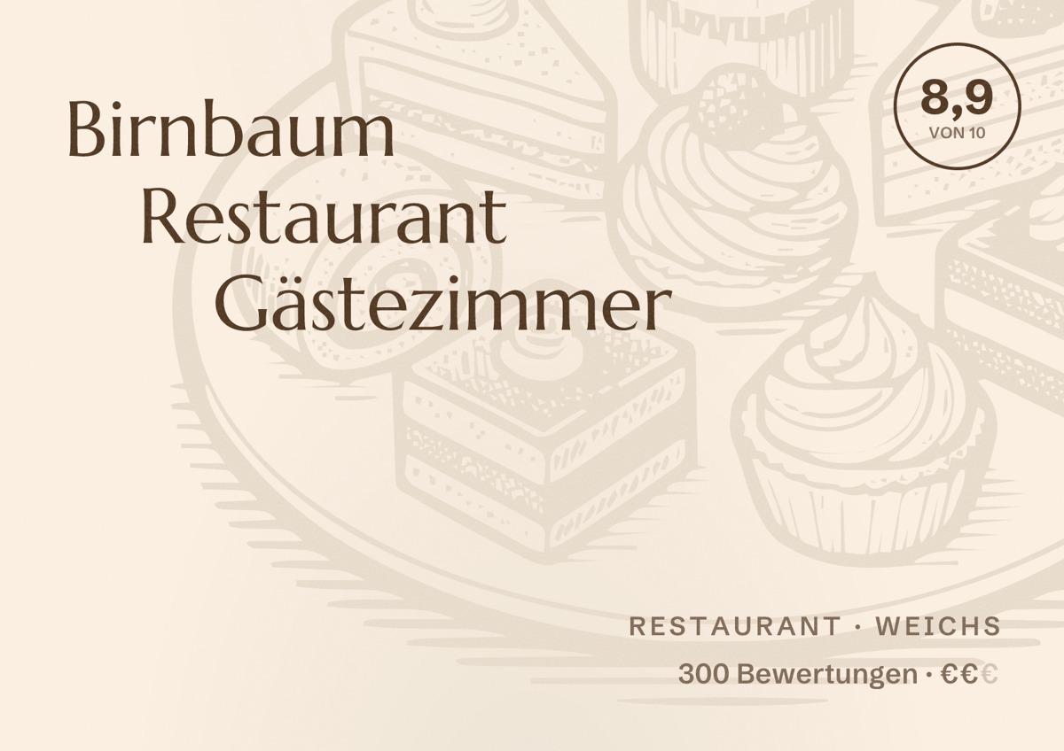 Illustriertes Poster von Birnbaum Restaurant Gästezimmer, Restaurant in Weichs: Bewertung 8,9 von 10 aus 300 Bewertungen, Preisniveau €€